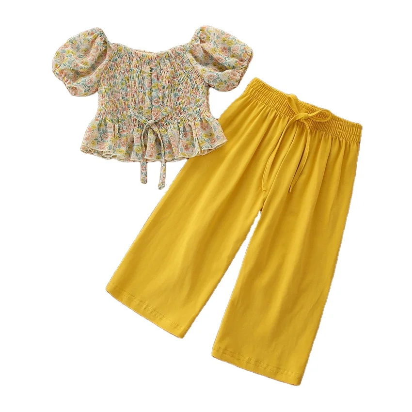 

Off-shoulder baby girls' floral shirts and wide leg pants kids summer clothing sets children cotton clothes suits, As picture