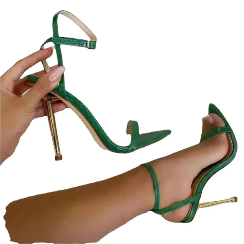 

New Ankle Strap Green Women's High Heels Summer Sandals Pointed Toe Female Party Shoes Sandalias, Green,white,black