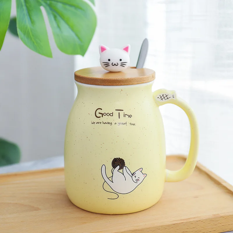 

Seaygift wholesale 450ml Creative color animal cat heat-resistant Mug cartoon with bamboo lid cup kitten coffee ceramic 3d mugs, Pink/blue