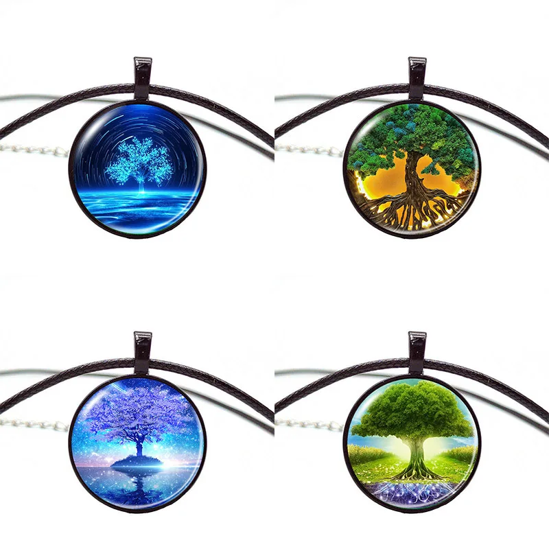 

2023 Creative Fantasy Tree of Life Chain Necklace with Zircon Stone Retro Gem Glass Charm for Men and Women Religious Style