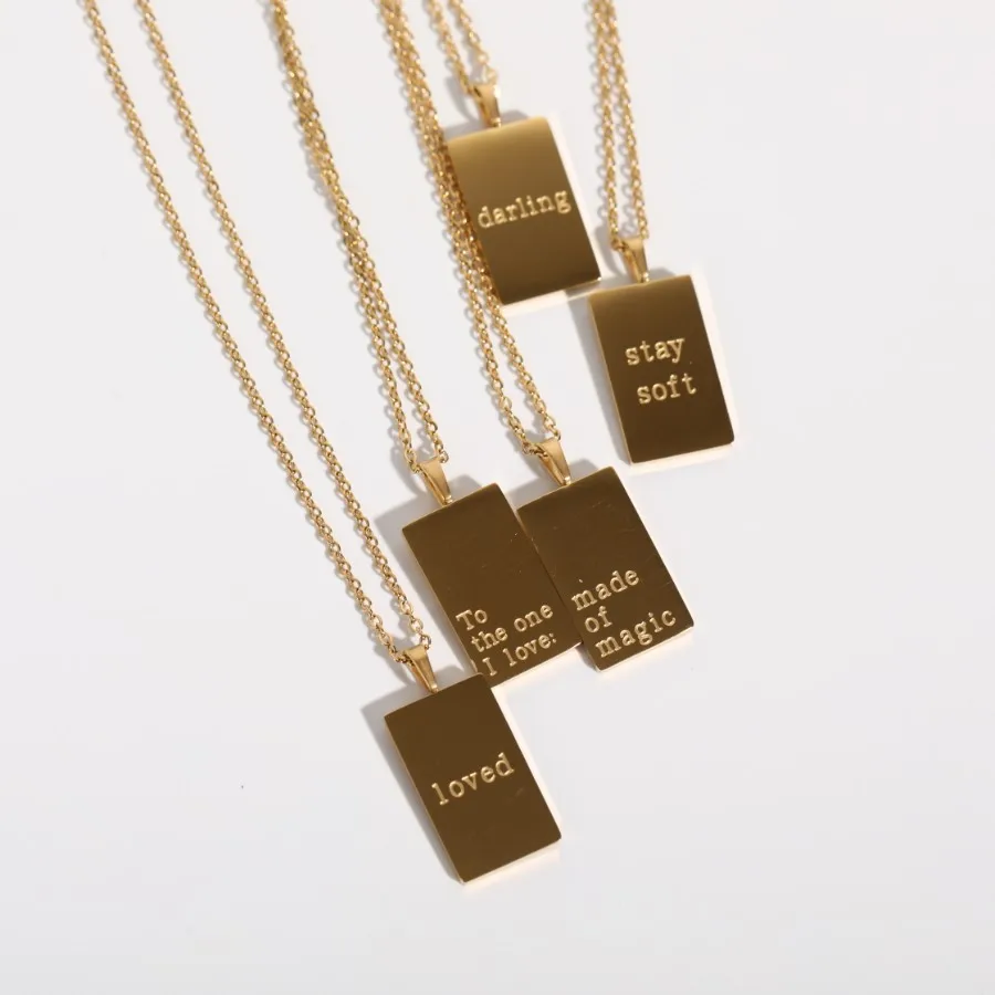 

New 5 Designs Stainless Steel Inspirational Necklace 18K Gold Plated Engraved Mottos Square Letters Necklace Minimalist Jewelry