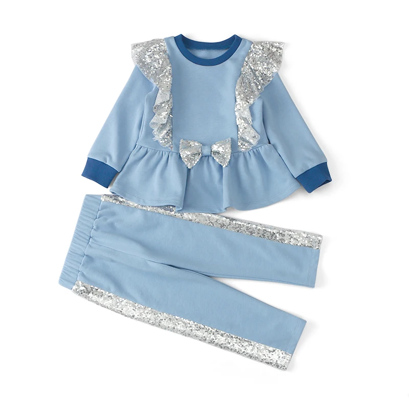 

Hot Selling American Kids Two-piece Suit Outfits Bowknot Sequins Flying Sleeves Baby Clothing Sets