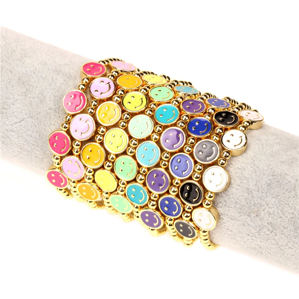 

Aesthetic DIY Jewelry Bulk Bangle Wholesale Gold Plated Beaded Bracelet Colored Smiling Face Charm Bracelet Enamel Jewelry