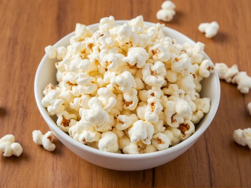 Homemade kettle corn in white bowl on wooden table