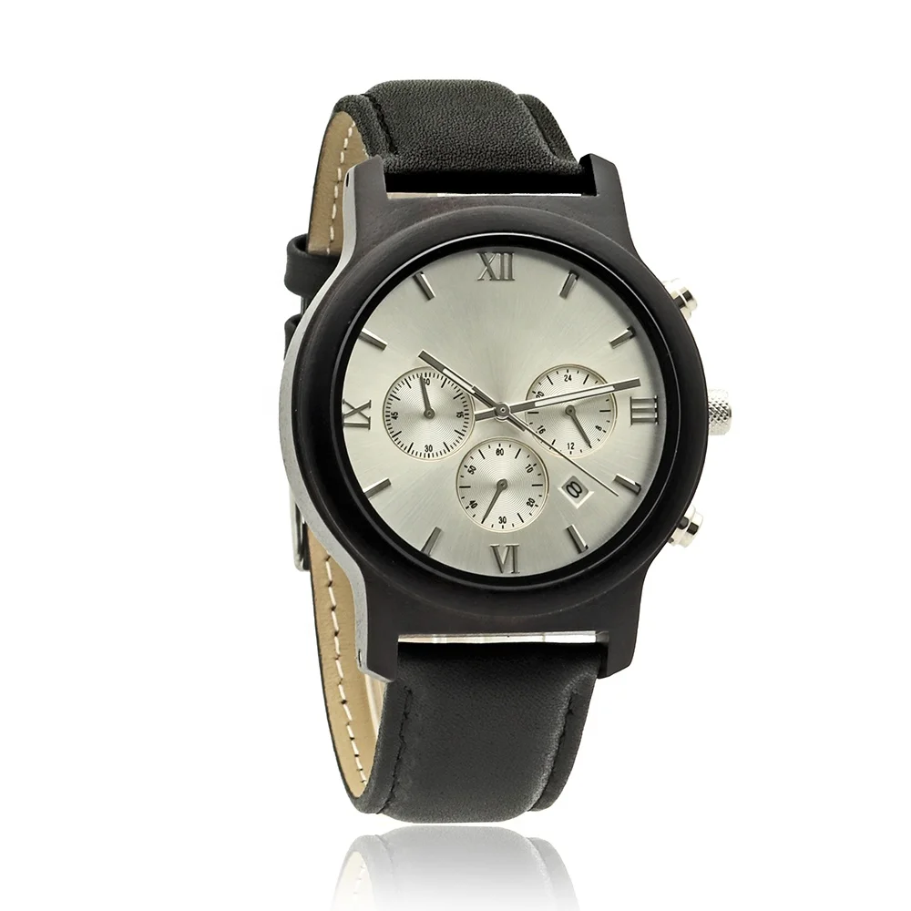 

In Stock Wooden Chronograph Watch Men Luminous Needles Wristwatches Leather Band