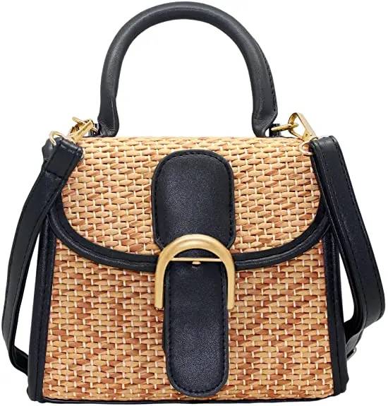 

Boshiho Women Summer Crochet Tote Bag Hand Make Crossing Weave Shoulder Bag Black Natural with Pocket Lining Straw Beach Bags, Nature cork wood