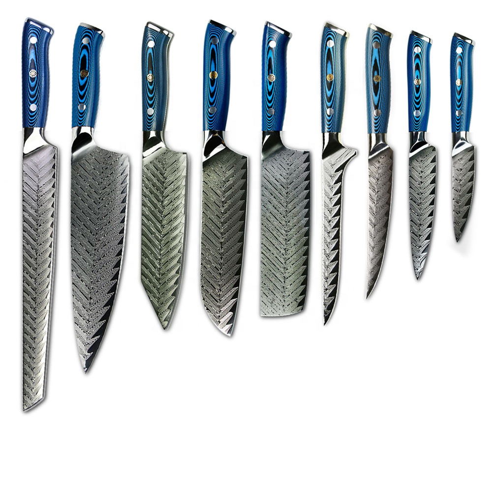 

New arrival Ladder Pattern 73layer AUS10V damascus steel blade blue knife set japanese, Customized color