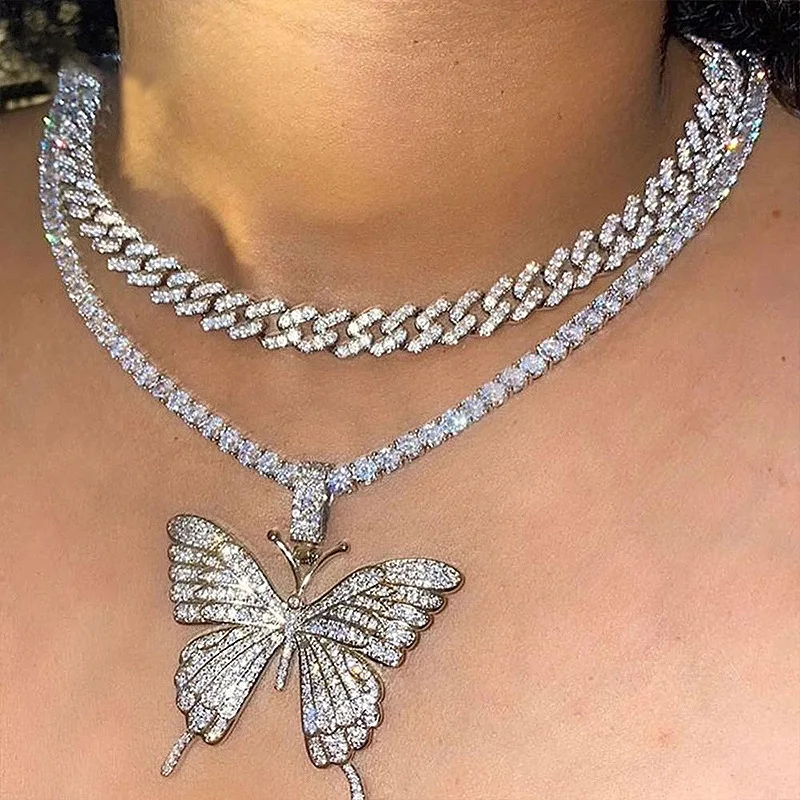 

Full Diamond Butterfly Necklace Sliver Plated Double Layer Necklace Cuba Thick Chain Women Luxury Choker Fahion Jewelry