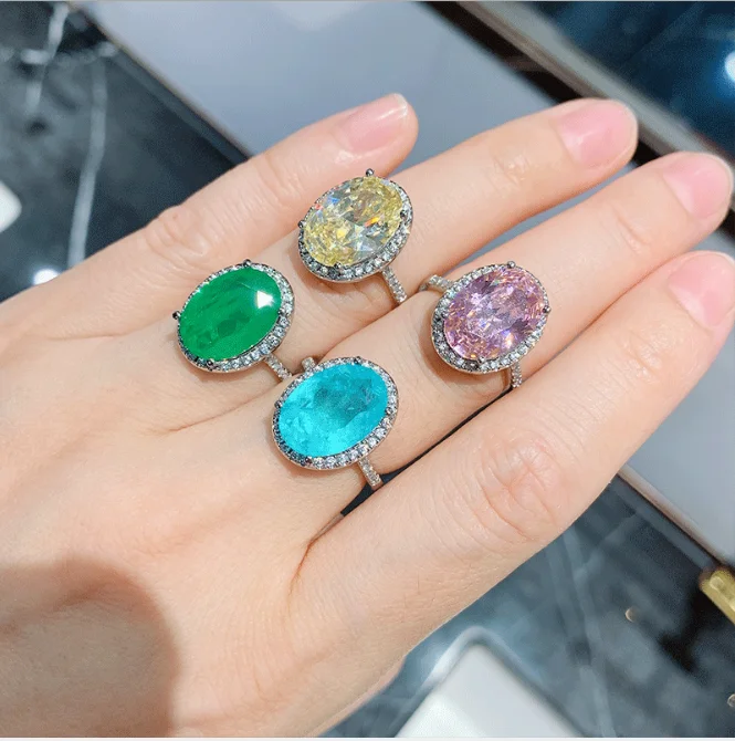 

Top Quality Micro Pave Geometric Oval Emerald Rings Multi Color Natural Blue Paraiba Tourmaline Zircon Ring For Engagement