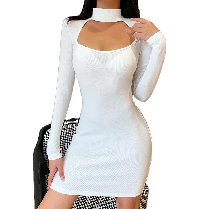 

APOLLO Autumn New Long Sleeve Dress Square Collar Hollow Out High Collar White Casual Sexy Dress