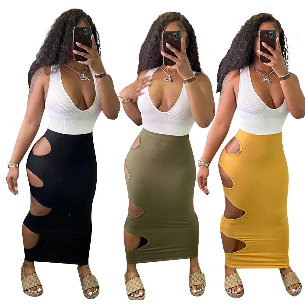 

Summer women sexy skirts with holes and hollows solid color buttock skirts bodycon jumpsuit, 3colors