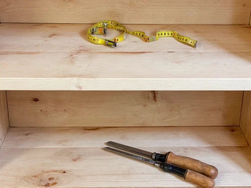 Reclaimed wood shelf project with measuring tape and tools