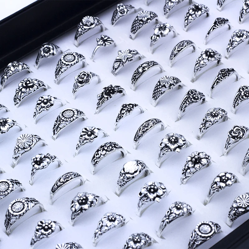 

Wholesale 100 Pcs/Lot Assorted DIY Bohemia Vintage Flower Finger Rings For Women Party Gift Jewelry Rings