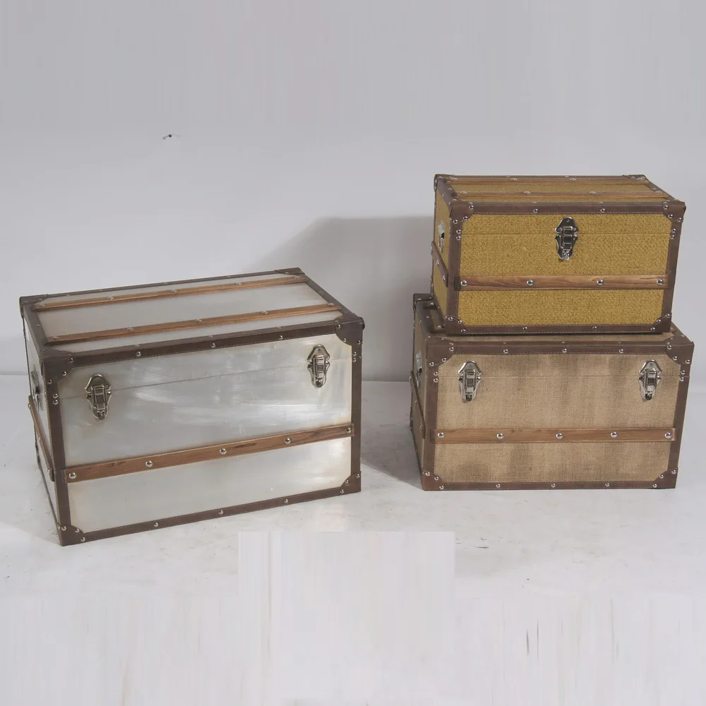 

Hot Sale Set of 3 Indoor Retro Wooden Storage Trunk Box with PU leather