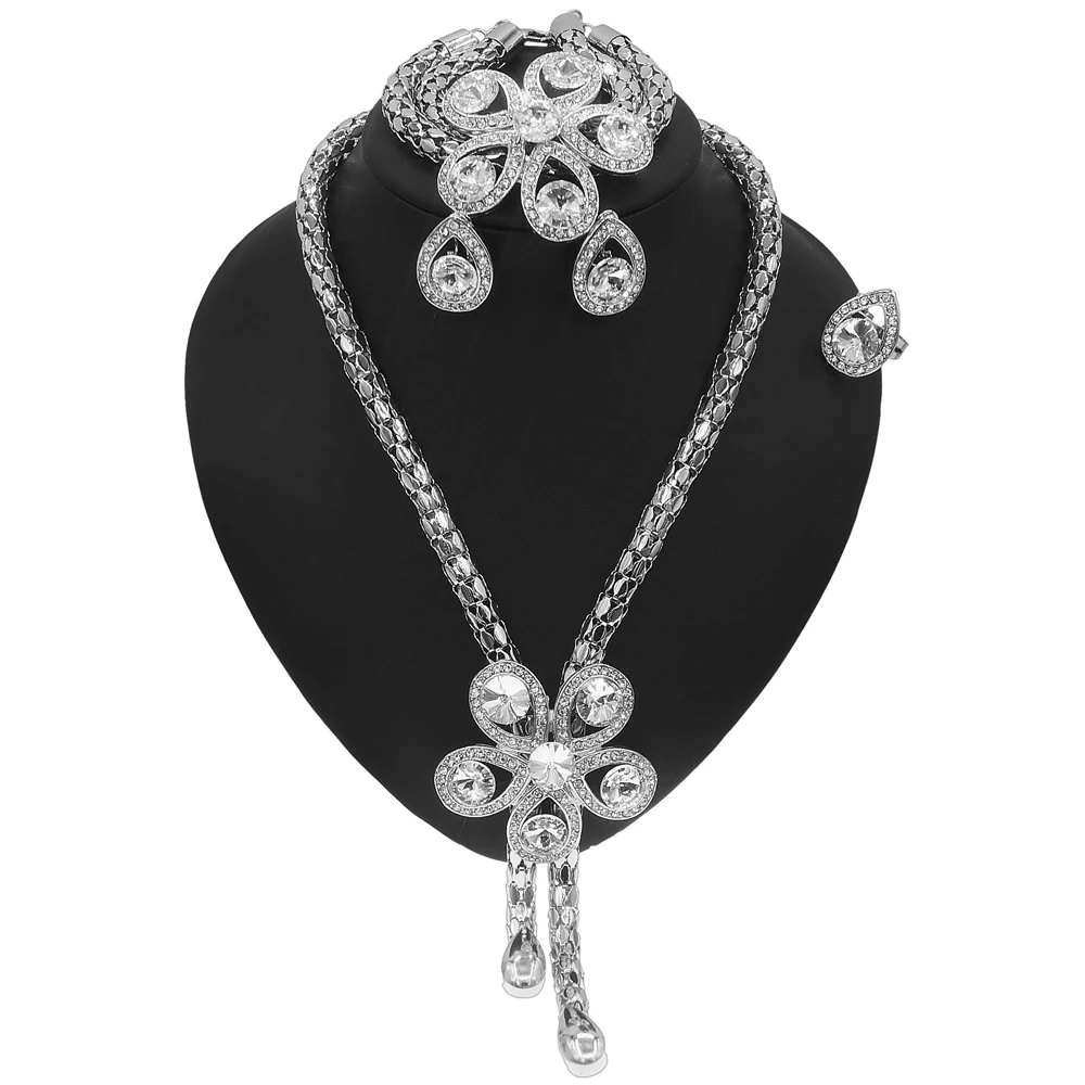 

Copper Alloy Flower Necklace Bracelet Ring Earrings Jewelry Sets Silver Plated Africa Dubai Brazil Bride Party Dating Luxury