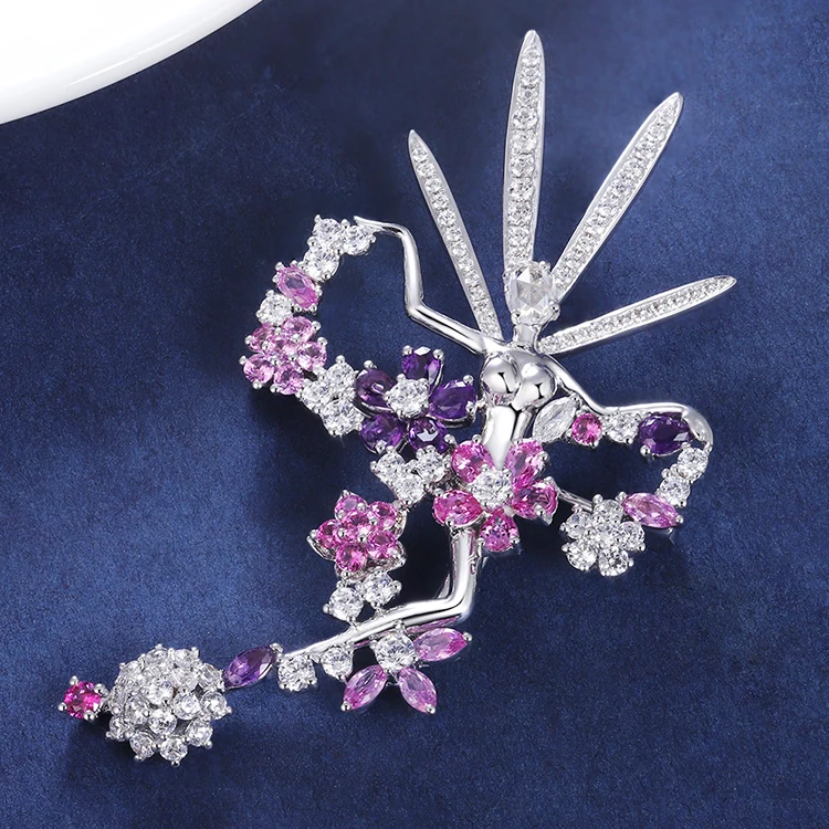 

Zhanhao New Arrivals Luxury 9K Gold Jewelry Set For Women Brooch Pin Designer Synthetic Gems Zircon Brooches Christmas Gift, Pink and purple