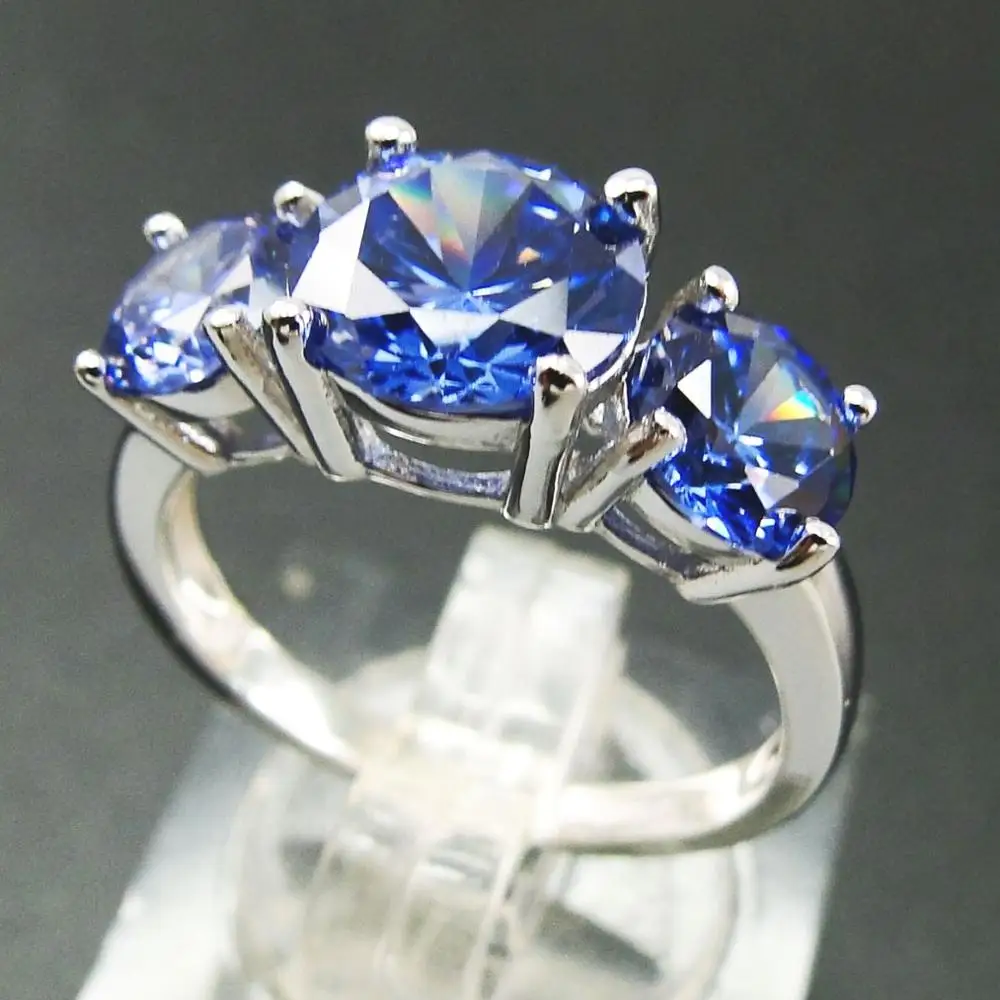 

Three Stone Blue Tanzannite Engagement Ring Solid Sterling Silver Tanzanite Cz Jewelry