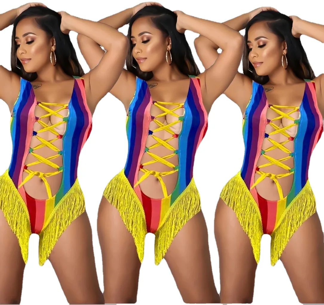 

Beach hollow out string bikini swimwear women Rope rainbow Backless sexy sleeveless one piece bandage tassel strappy swimsuit