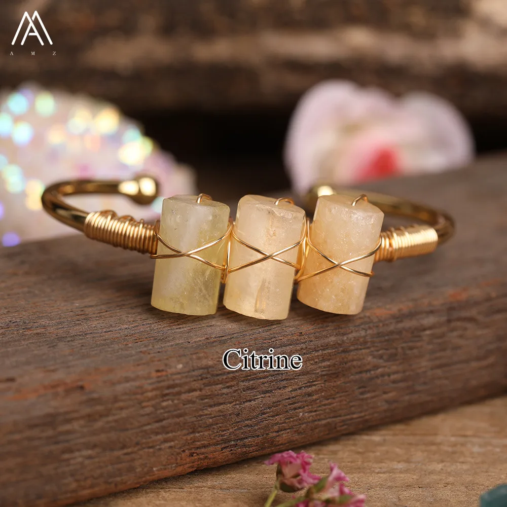 

Cut Cylinder Bangle Gold Jewelry, wire wrap Natural Stone Crystals CItrine Amethysts Cuff Bracelets Festival Gifts, As picture