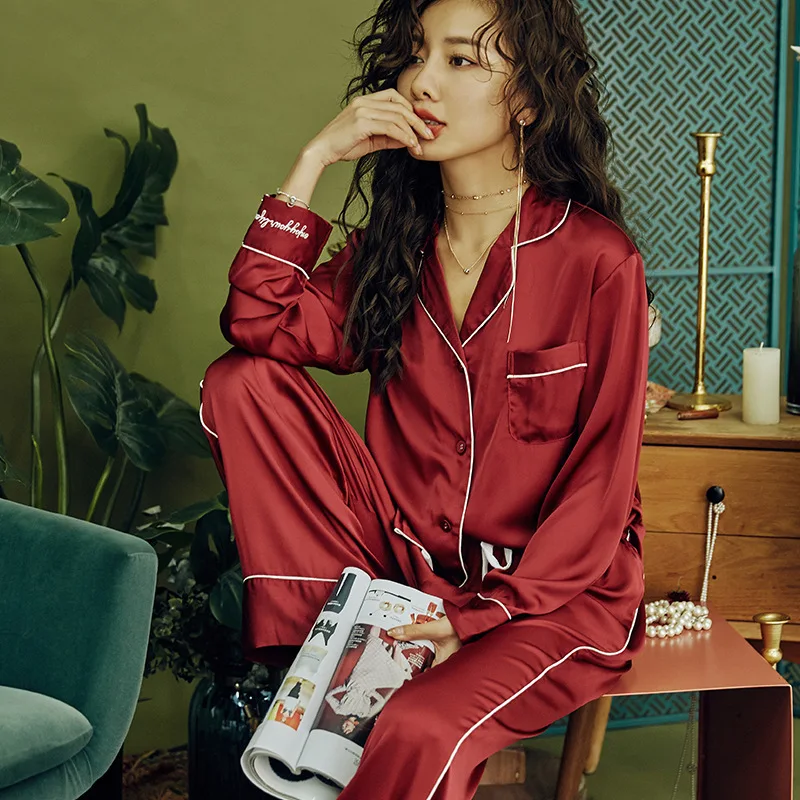 

Spring summer satin solid color long sleeve pajamas sleepwear ladies 2 piece pajamas for cotton pajamas women, Red/black/white/gray/champagne gold/blue/green