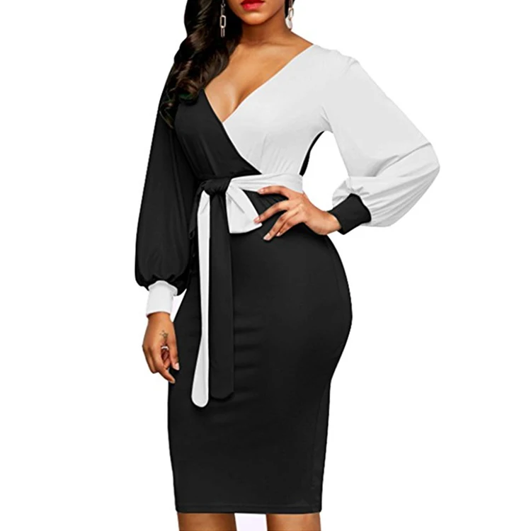 

Ladies sexy v neck Stitching Colour tunic office wear dresses for women, Customized color