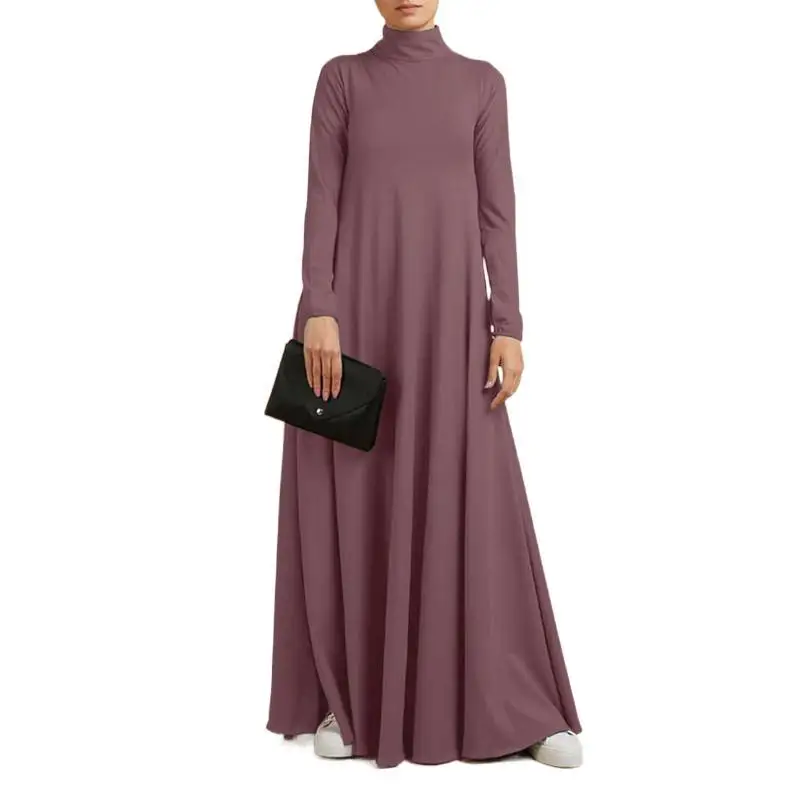 

Turtleneck Long Sleeve Kaftan Women Maxi Long Dress Solid Casual Robe