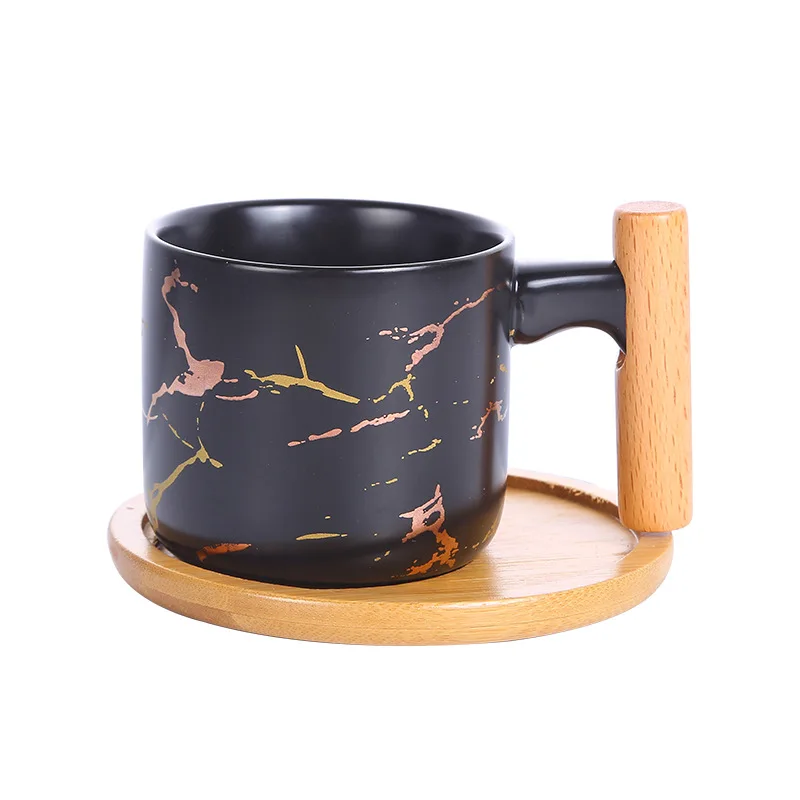 

Feiyou novelty sublimation 180ml luxury marble milk tea porcelain cup matte reusable ceramic coffee mugs with wooden handle, Customized colors acceptable