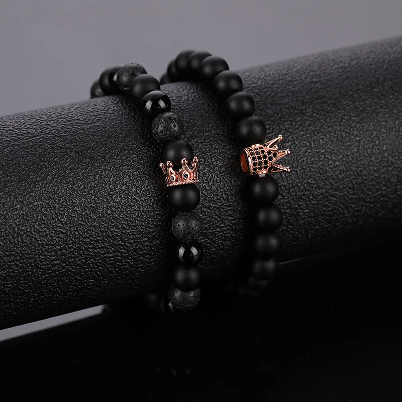 

Health Care Natural Stone Micro Pave CZ Crown Beads Bracelet Adjustable Turquoise Lava Stone Bracelets Black Obsidian Bracelet