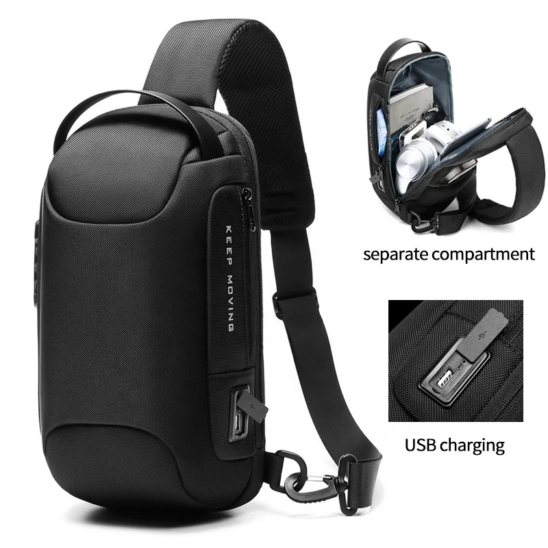 

Wholesale waterproof anti theft designer crossbody bag custom logo USB sling bags for men single shoulder chest bag, Black