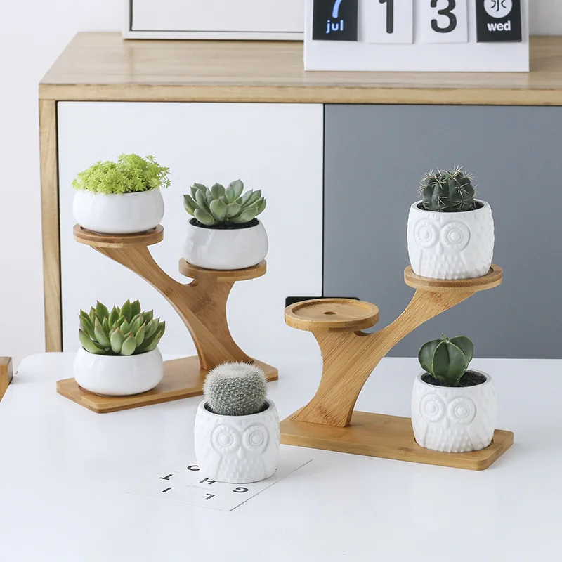 

White Modern Decorative Ceramic Flower Planter Plant Pot with Drainage with Bamboo Saucers Stand Holder