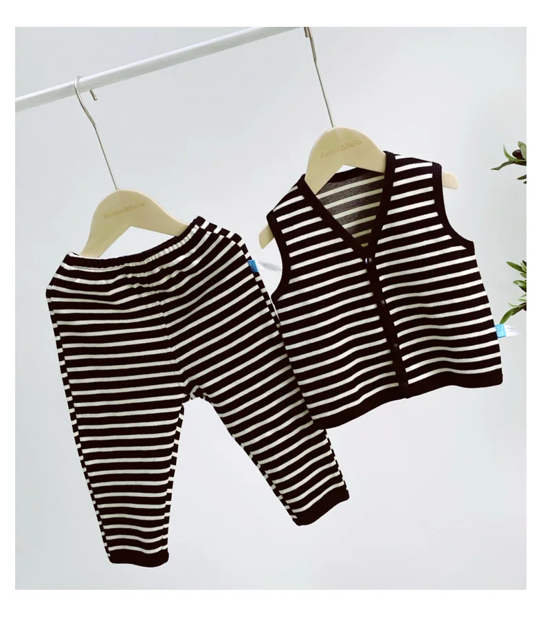 

spring autumn western style baby vest pants 2-piece bodysuit sleeveless striped cotton cardigan boy baby clothes, As picture shown