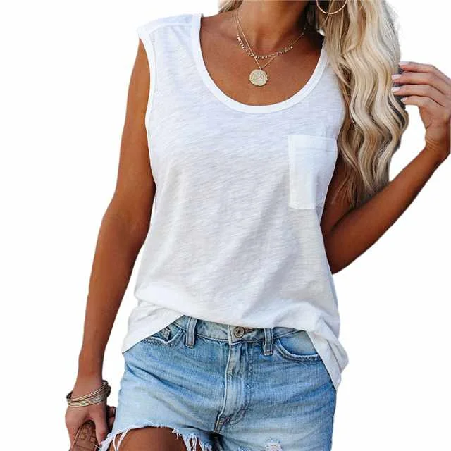 

Summer Women's Solid Color Casual Big Round Neck Pocket Sleeveless T-shirt Vest, Picture color