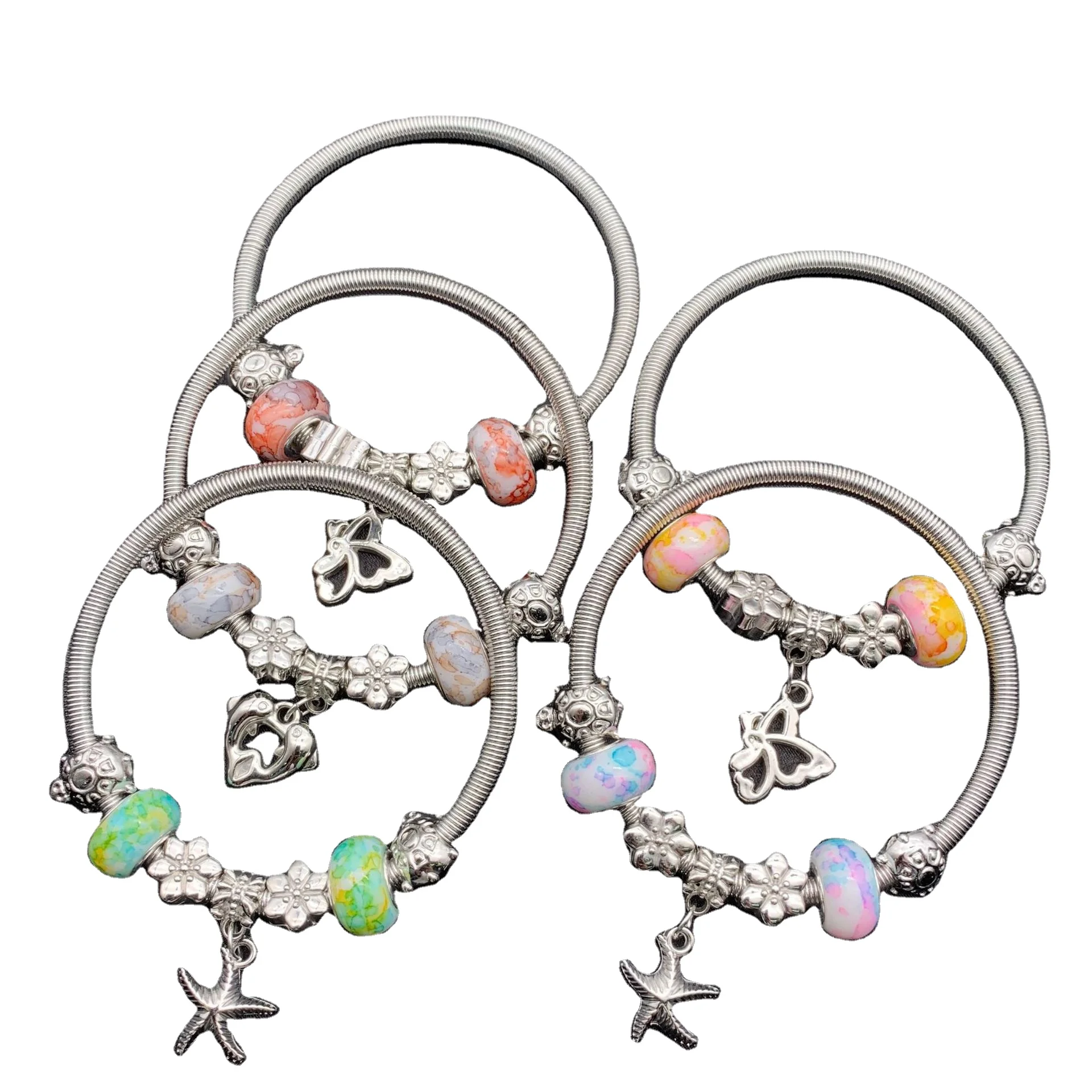 

24 style women stainless steel Coil Steel wire wristband Twist adjustable bracelet Glass beads Flamingo engraved bracelet, Rose gold
