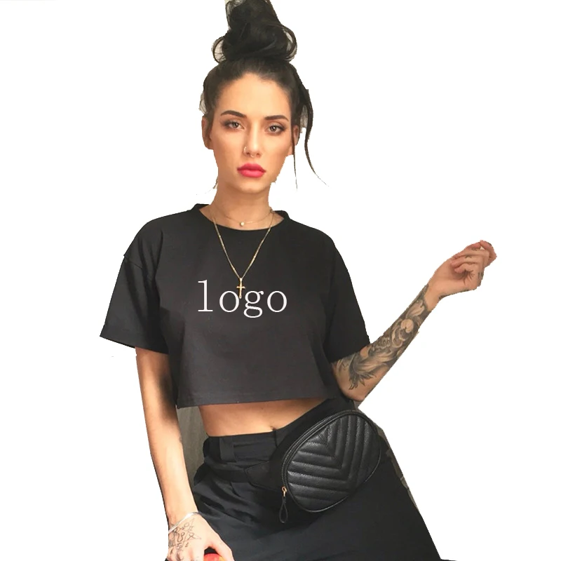 

Black White O-Neck Short Sleeve Crop Top Woman Custom Logo Print Ladies T Shirt Women Short Casual T-Shirt