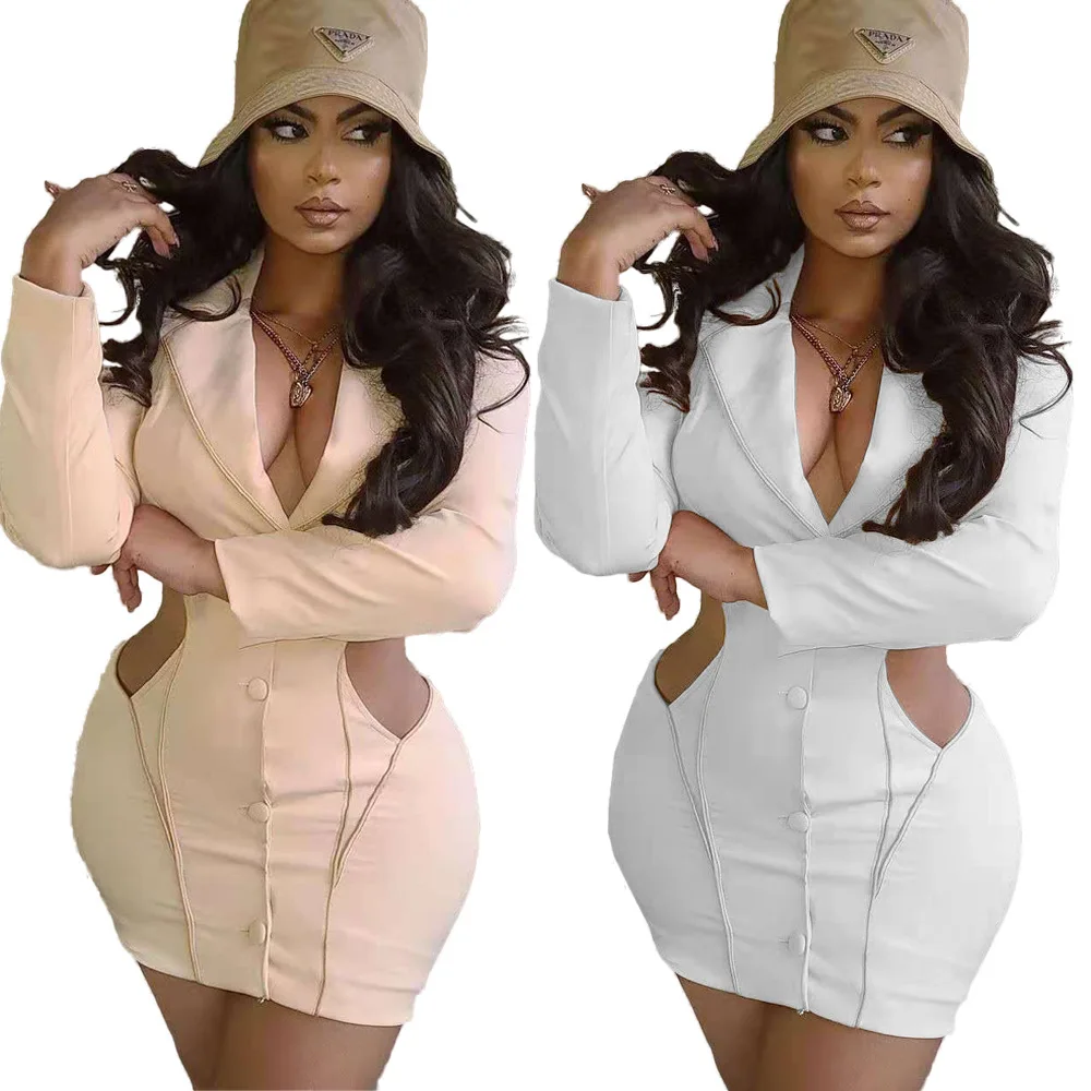 

Fashion Sexy Suit Collar Casual Solid Color Dress Women'S Clothing, Picture