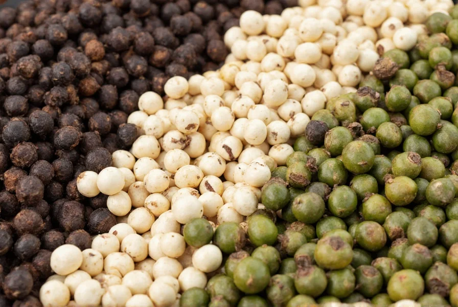 Close-up comparison of black white and green peppercorns