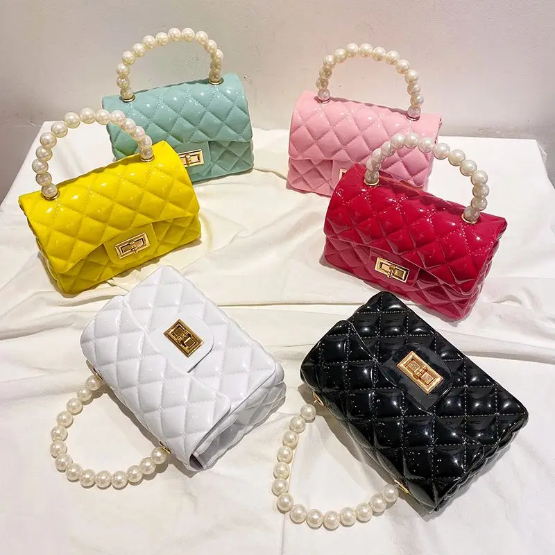 

AIYIYANG 2021 handbags ladies bags silicone designer jelly square Chain hand bag pvc Woman Mobile phone pearl jelly bags