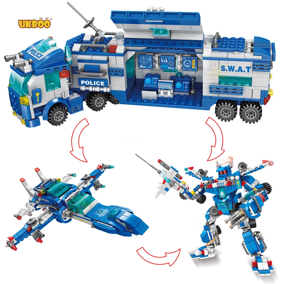 

Free Shipping 700PCS Urban SPECIAL Police 8 In 3 Robo Robots Bricks Aircraft Car Swat Police Team Robot City Police