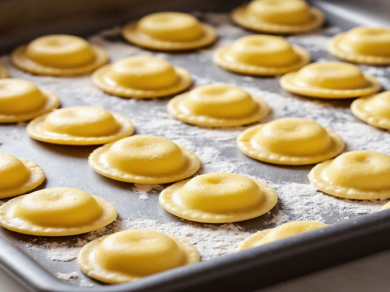 Homemade ravioli arranged on floured tray before cooking