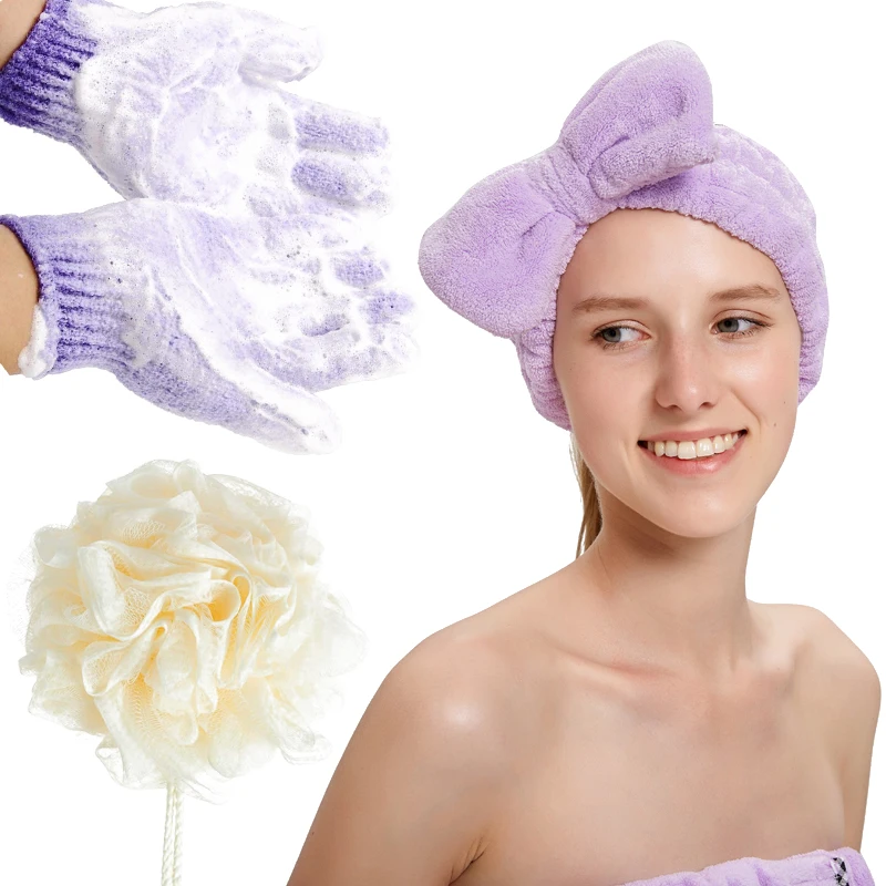 

Hair Headband to Wash Face for Makeup Spa Microfiber Bowtie Shower Headband for Women and Girls bath sponge and glove