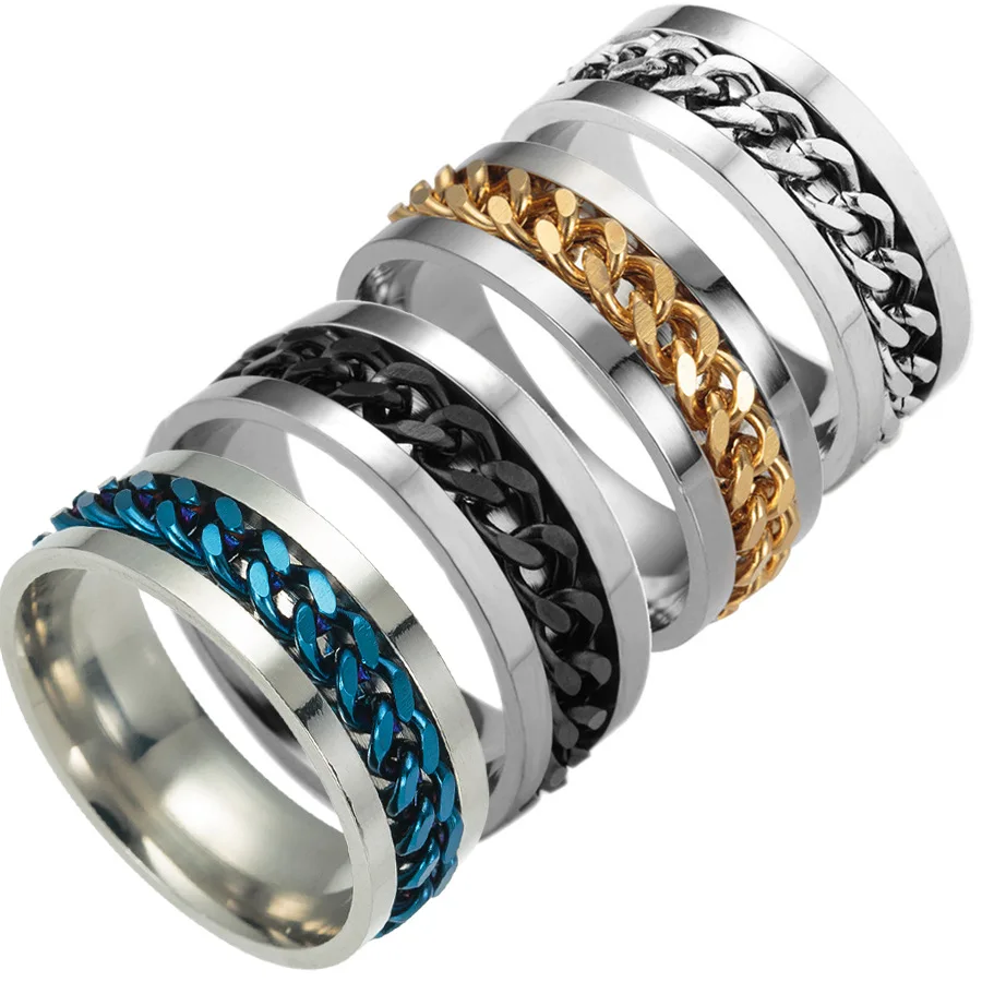 

Hip hop mens jewelry stainless steel gold plated rotatable design statement finger ring steel rings for male men, 5 colors available