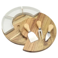 

Round Cheese Board and Knives Set Acacia Wooden Charcuterie Boards for Cutting Meat Cheeses