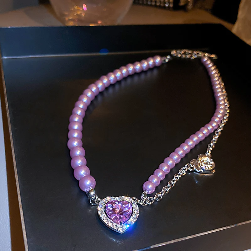 

2021 fashion crystal purple heart necklace pearl