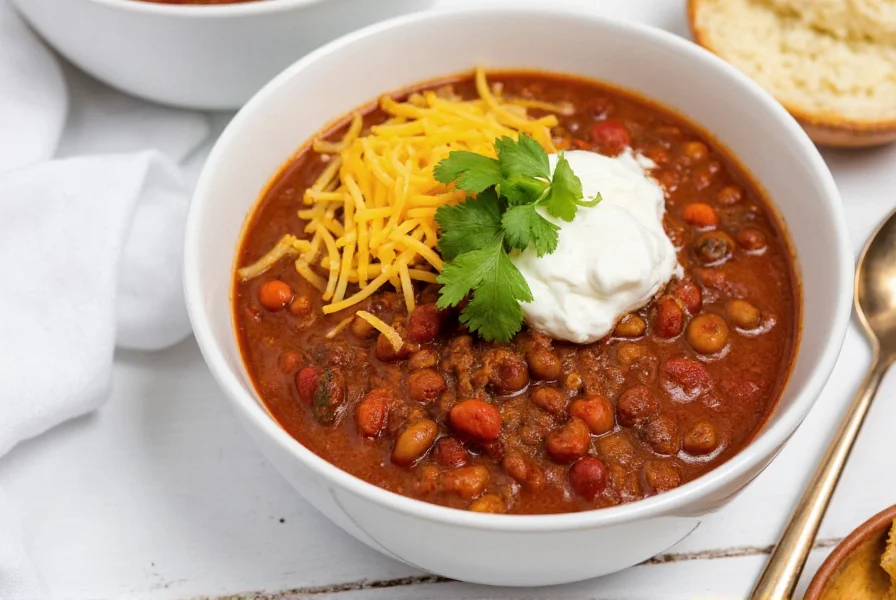 Bowl of beanless chili served with toppings including shredded cheese, sour cream, and fresh cilantro