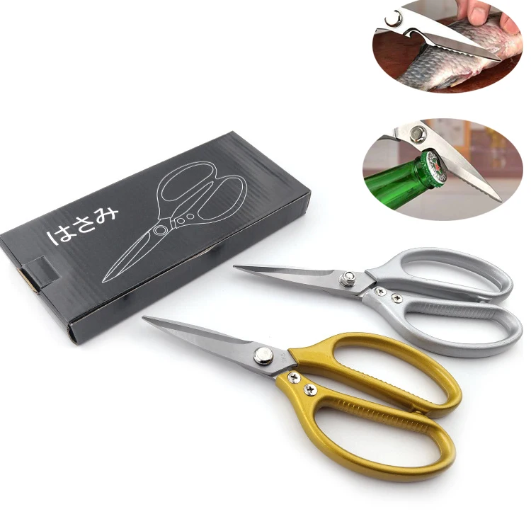 

Durable Multi-purpose Aluminium Stainless Steel Sharp Fish Scales Meat Vegetables Can Opener Kitchen Scissors, Sliver gold