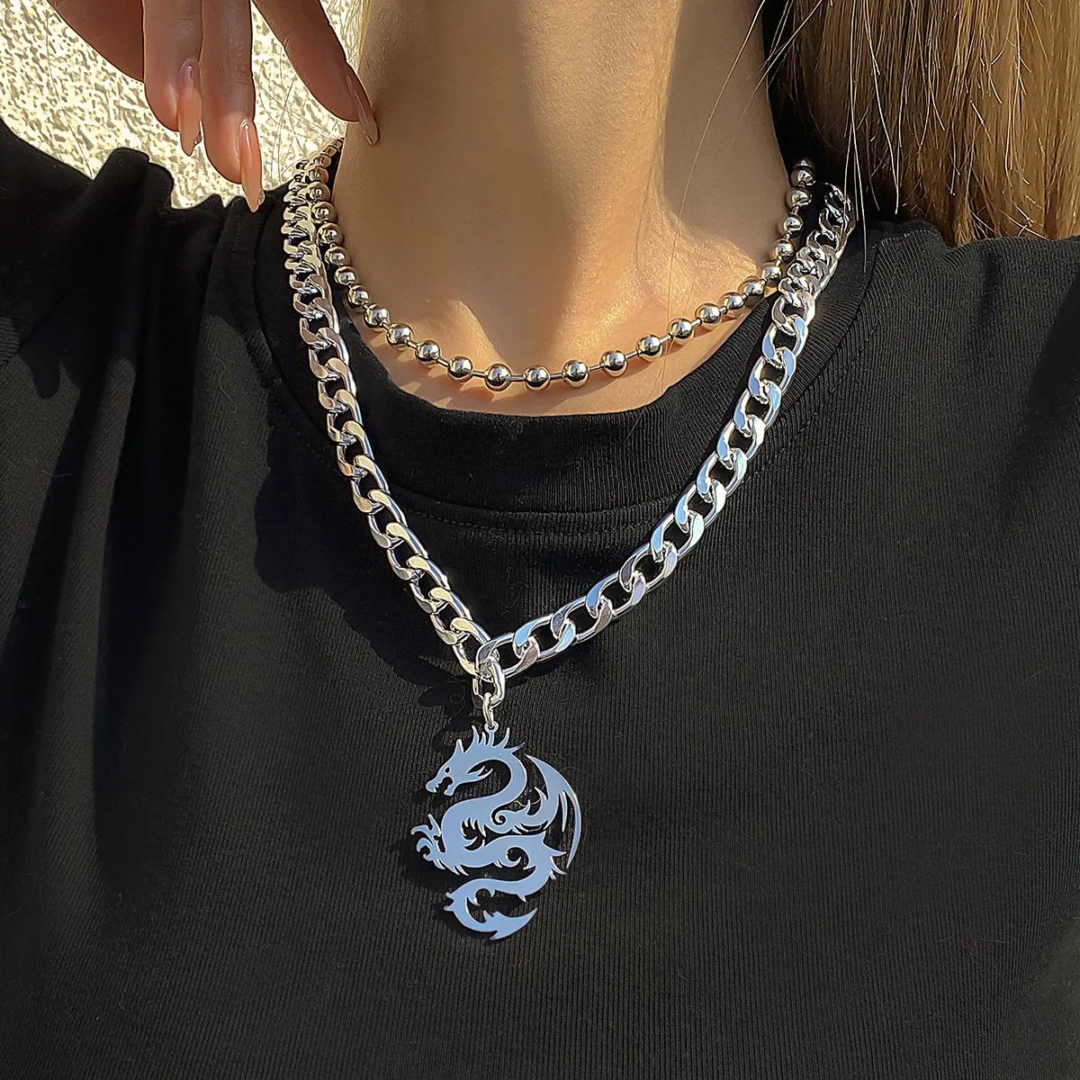 

2021 Sailing Jewelry Cuban Chain Necklace Dragon Pendant Necklace Double Layer Dragon Necklace