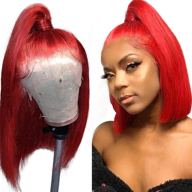 

150% Colorful Bob Lace Front Human Hair Wig Brazilian Red Green Blue Bob wig 13x4 Swiss Lace Wigs For Black Woman