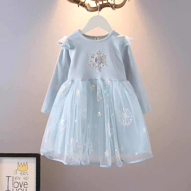 

Elsa Anna Fashion Girl Costume Cartoons Dress Kid Clothing Wholesale Baby Girl Long Sleeve Patch Mesh Tutu Dress, 2 colors