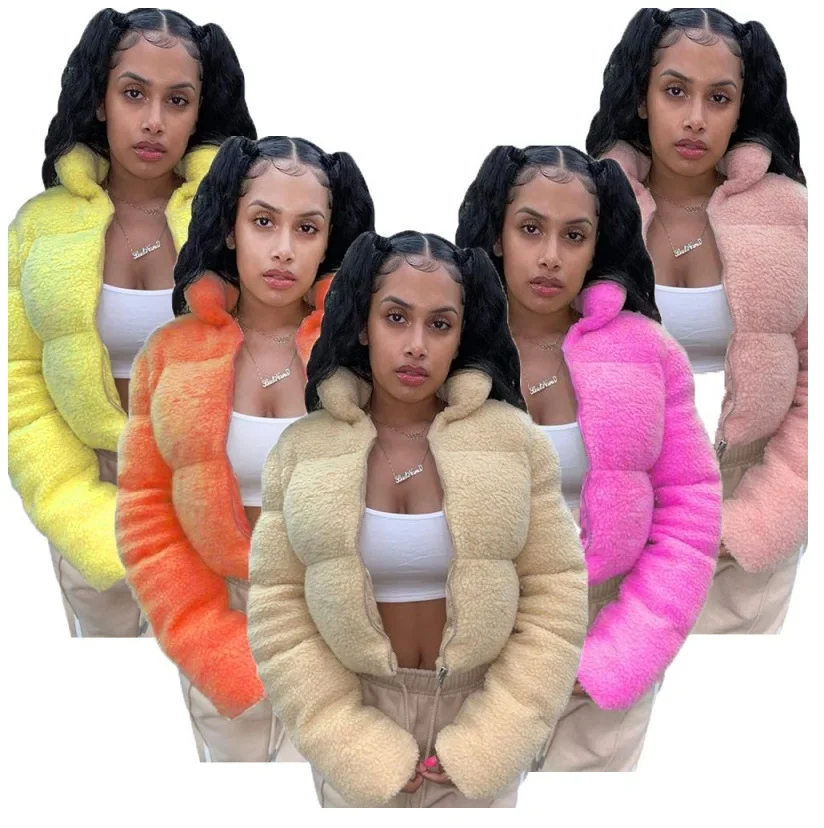 

2021 Winter Loose Warm Jackets Crop Tops Coats Fashionable Ladies Fleece Plush Womens Bubble Puffer Jacket Faux Fur Coat, Picture