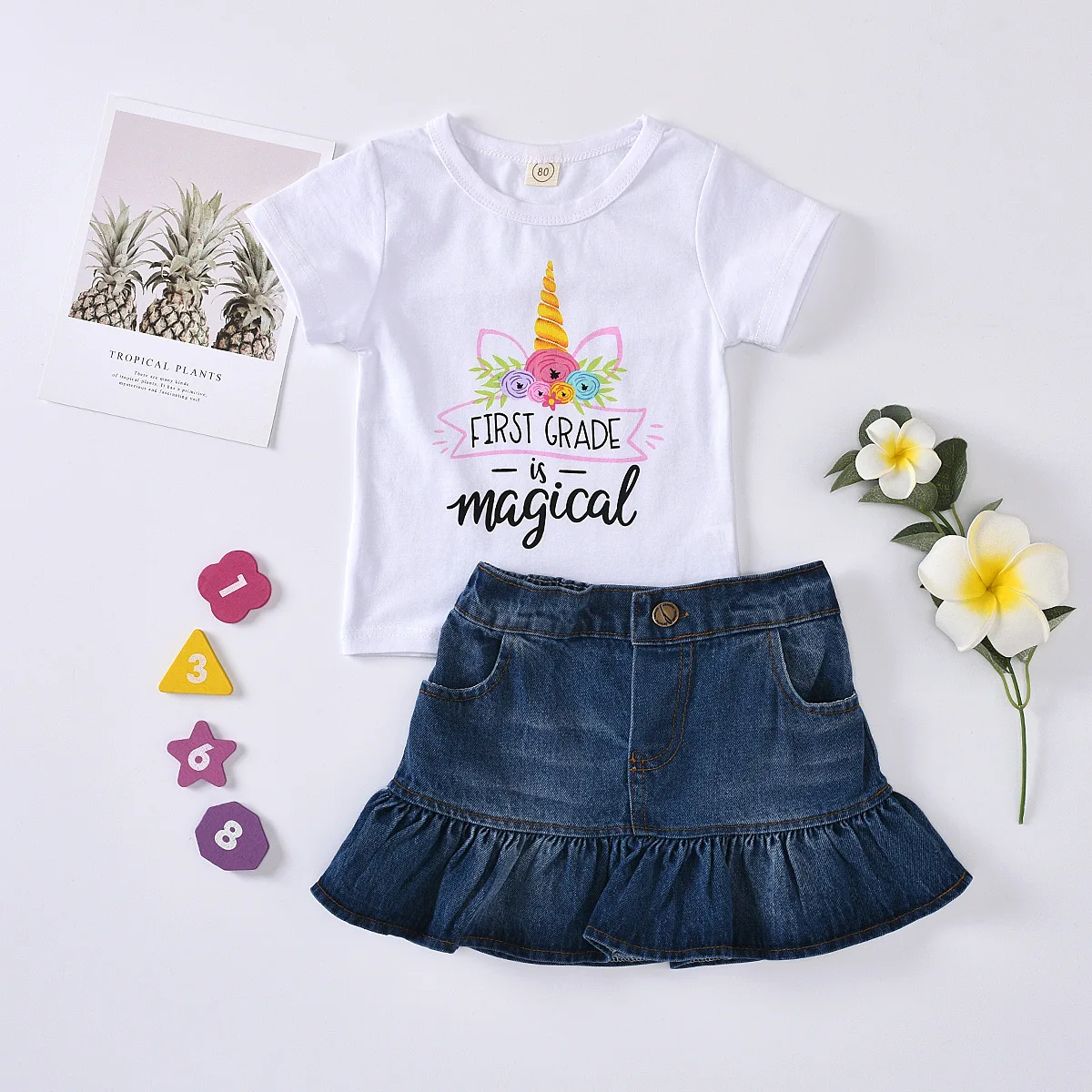 

2021 New Kid Girl's Summer Clothes Set Children Girl White Magical Girl Short Sleeve Shirt +Blue Ruffle Denim Skirt 2 pcs Set, Blue white
